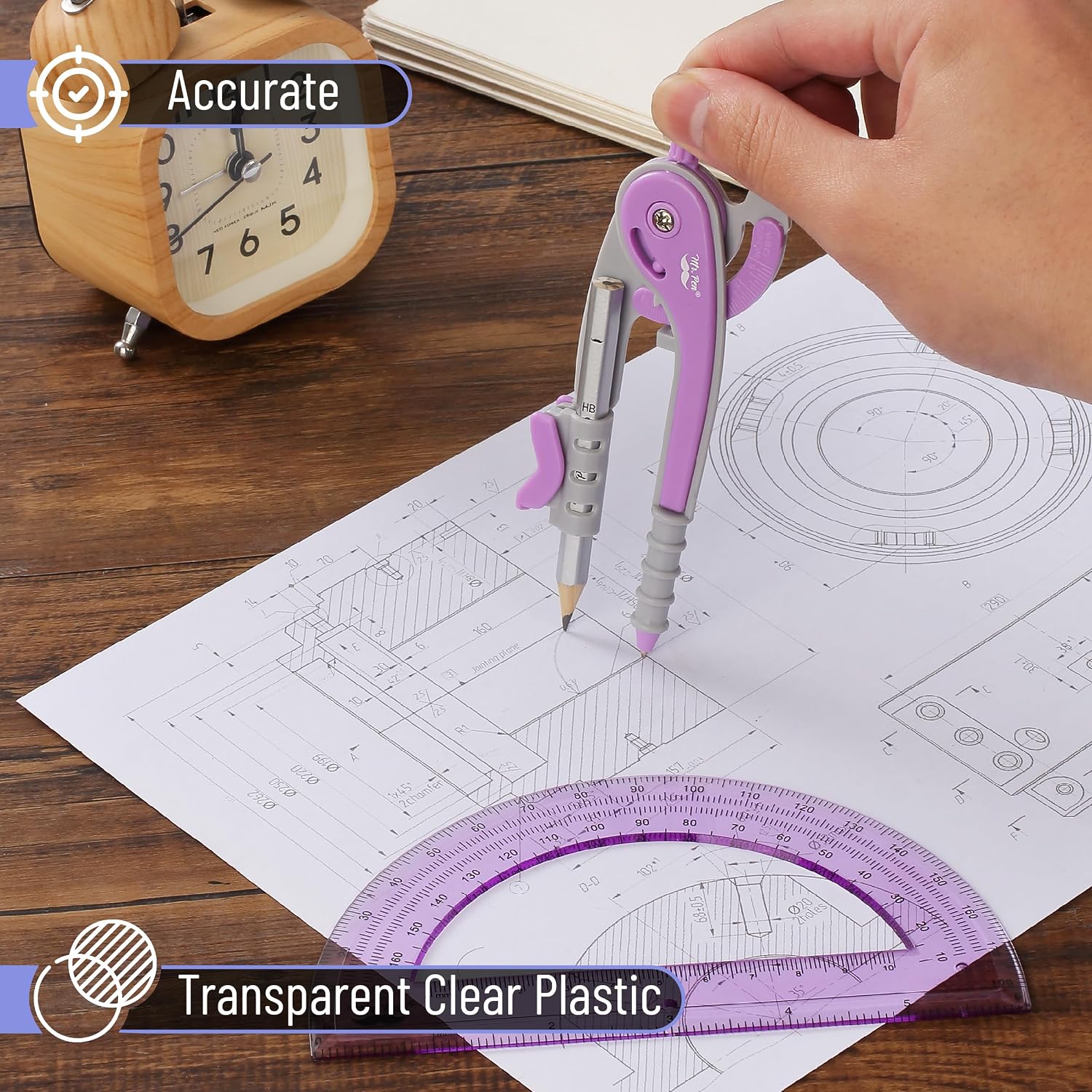 Geometry Compass and Protractor Set, 6 Inch Compass | 6 Inch Protractor, Drawing Tool for School, Clear Plastic, Easy