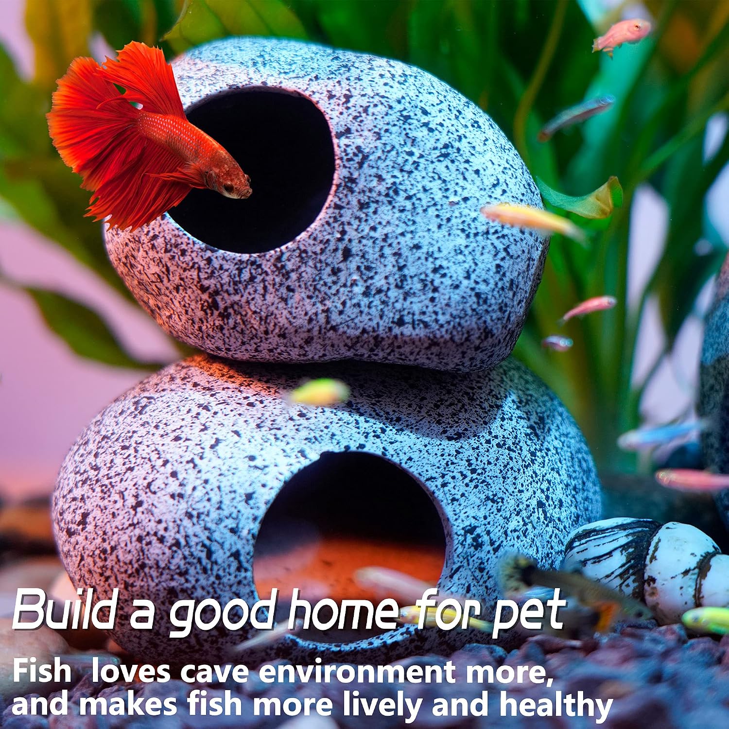 Betta Fish Tank Rock Cave Decor Aquarium Accessories, Medium | Aquarium Decorations Stones House for Hiding and