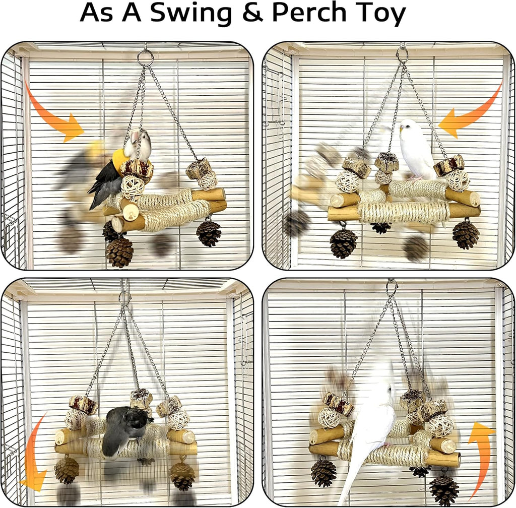 Bird Swing for Cage with Chew Toys, 3 Sisal-Wrapped Stable Perches(S) | Stable Triangle Design Parrot Perch Swing