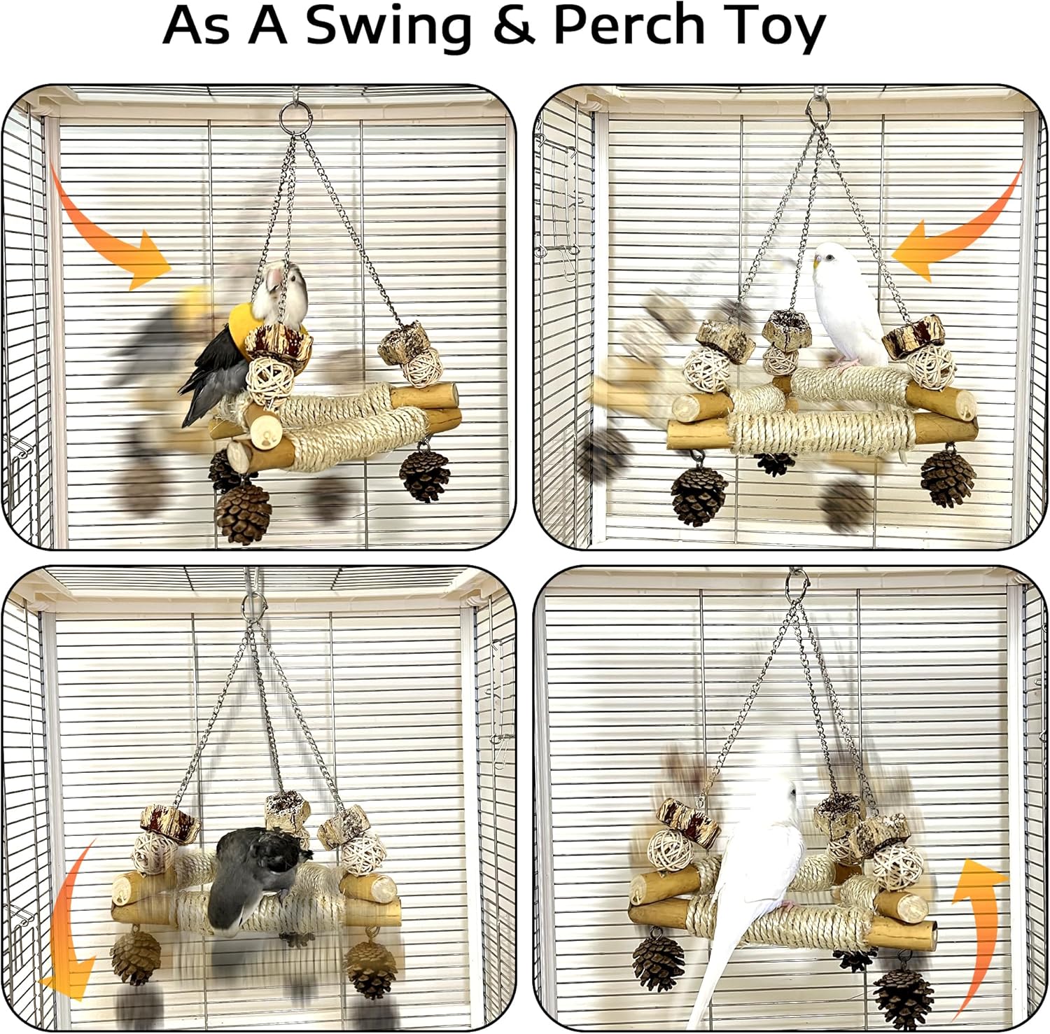 Bird Swing for Cage with Chew Toys, 3 Sisal-Wrapped Stable Perches(S) | Stable Triangle Design Parrot Perch Swing