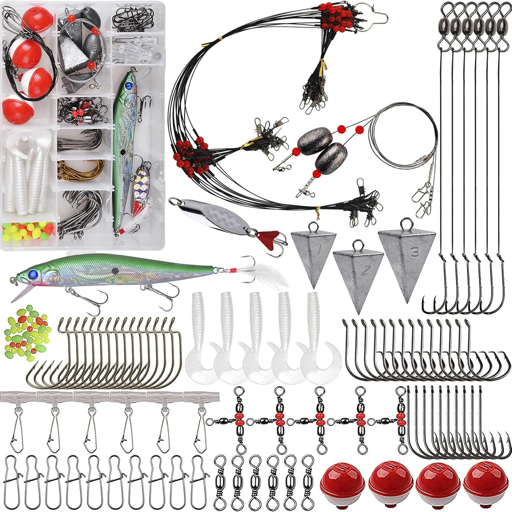Saltwater Fishing Tackle Kit,131pcs Surf Fishing Gear with Saltwater Fishing Lures Fish Finder Rigs Pyramid Sinkers