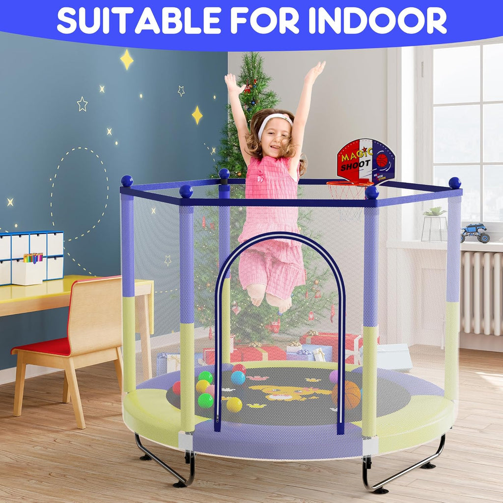 60" Trampoline for Kids, 5 FT Indoor & Outdoor Toddler Baby Trampoline with Basketball Hoop, Safety Enclosure