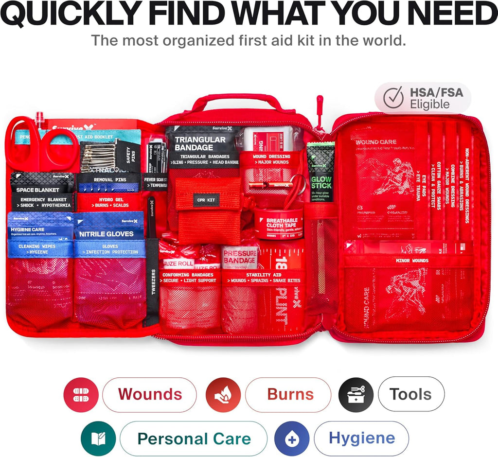 Large First Aid Kit for Car, Travel & Home - Emergency Kit for Hiking, Camping, Backpacking and Outdoors - Includes