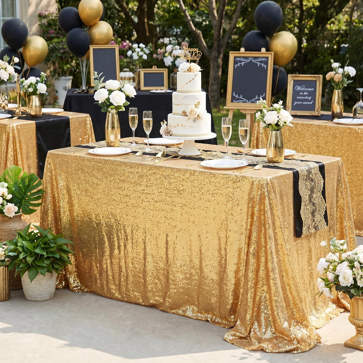 Gold Sequin Tablecloth 90"x132" Wedding Glitter Table Cloth