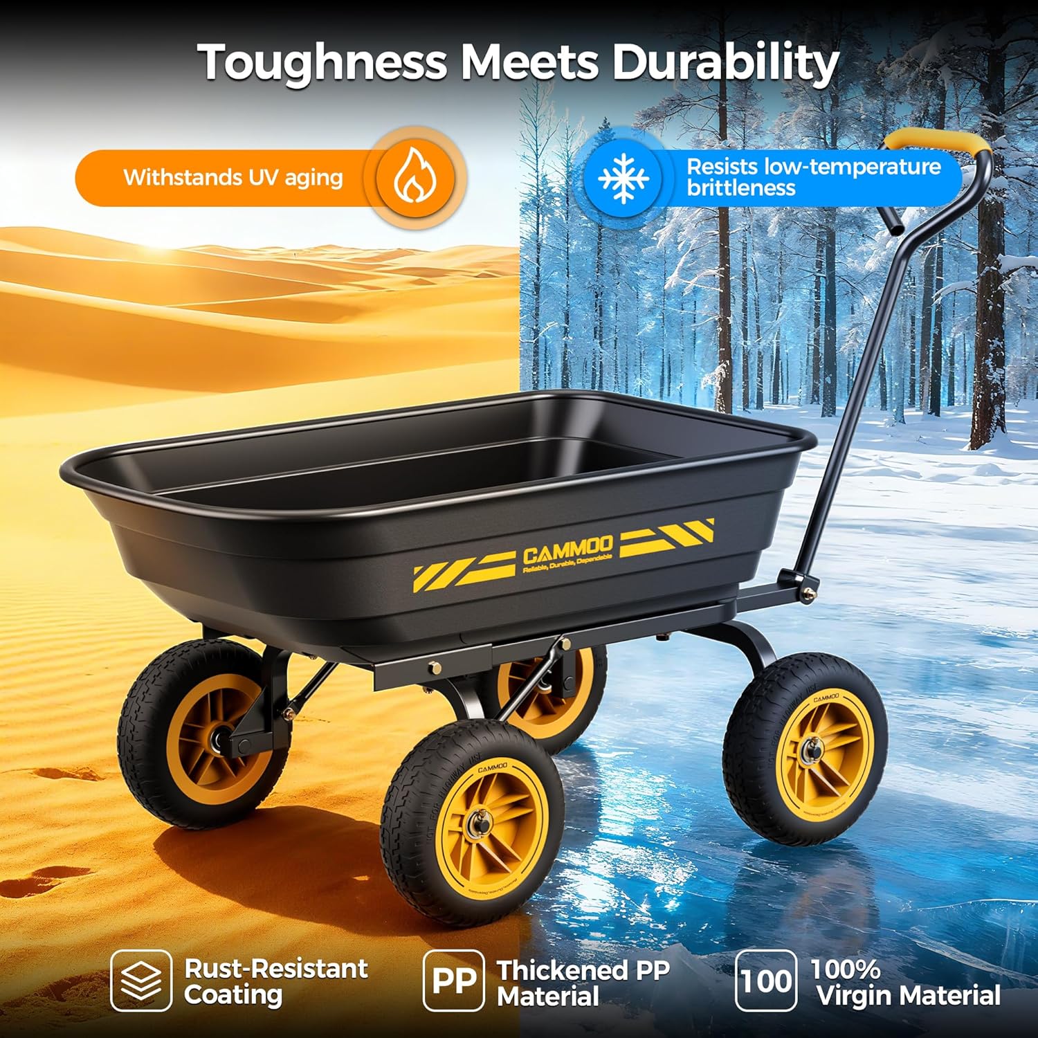10-in NO-FLAT TIRES 600lb Heavy-Duty Garden Dump Cart 4 Cu.Ft. Utility Wagon with Quick-Release Dumping & Prime Grade