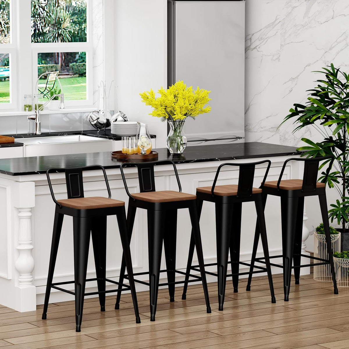 Metal Bar Stools Set of 4, 30" Black Bar Height Stools with Back
