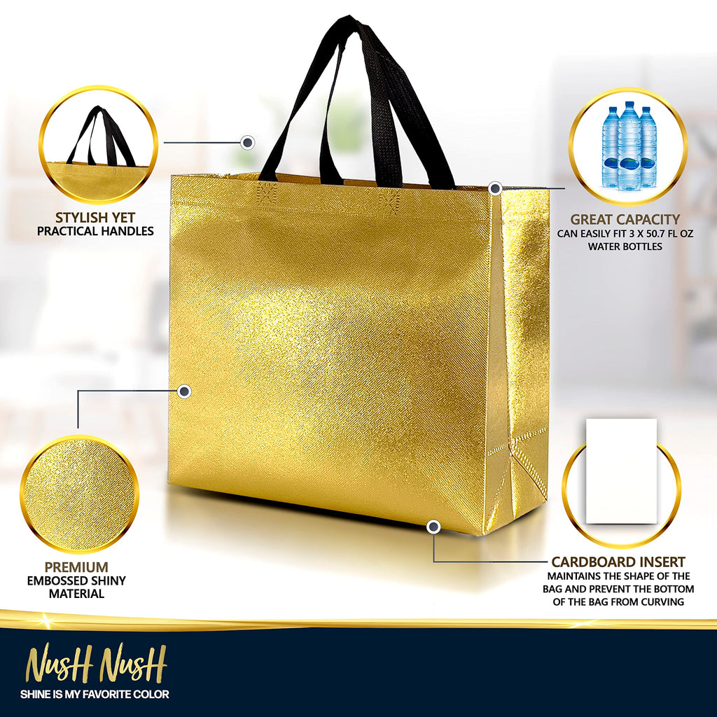 Bulk Set of 60 Reusable Large Gold Gift Bags with Handles