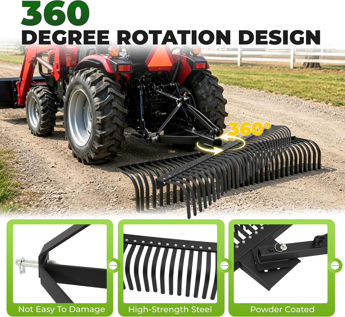Landscape Rake 3 Point 360 Rotation 60 Inch Compatible with Category 1 Compact Tractors Tow Behind Garden Tool Black