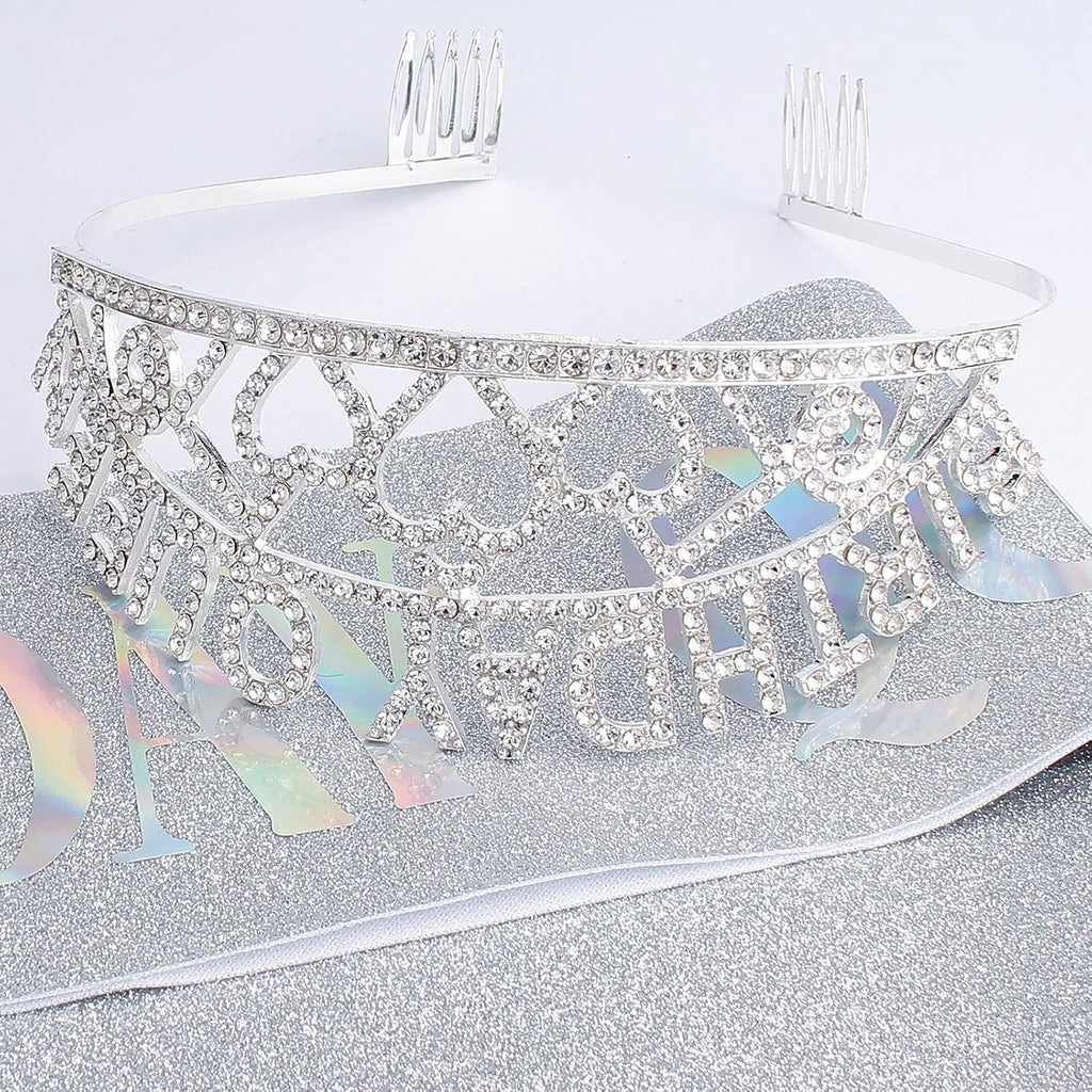 Silver Queen Crown and Sash - Rhinestone Tiara and Sash for Women's Birthday Party Favors - Glitter Decorations