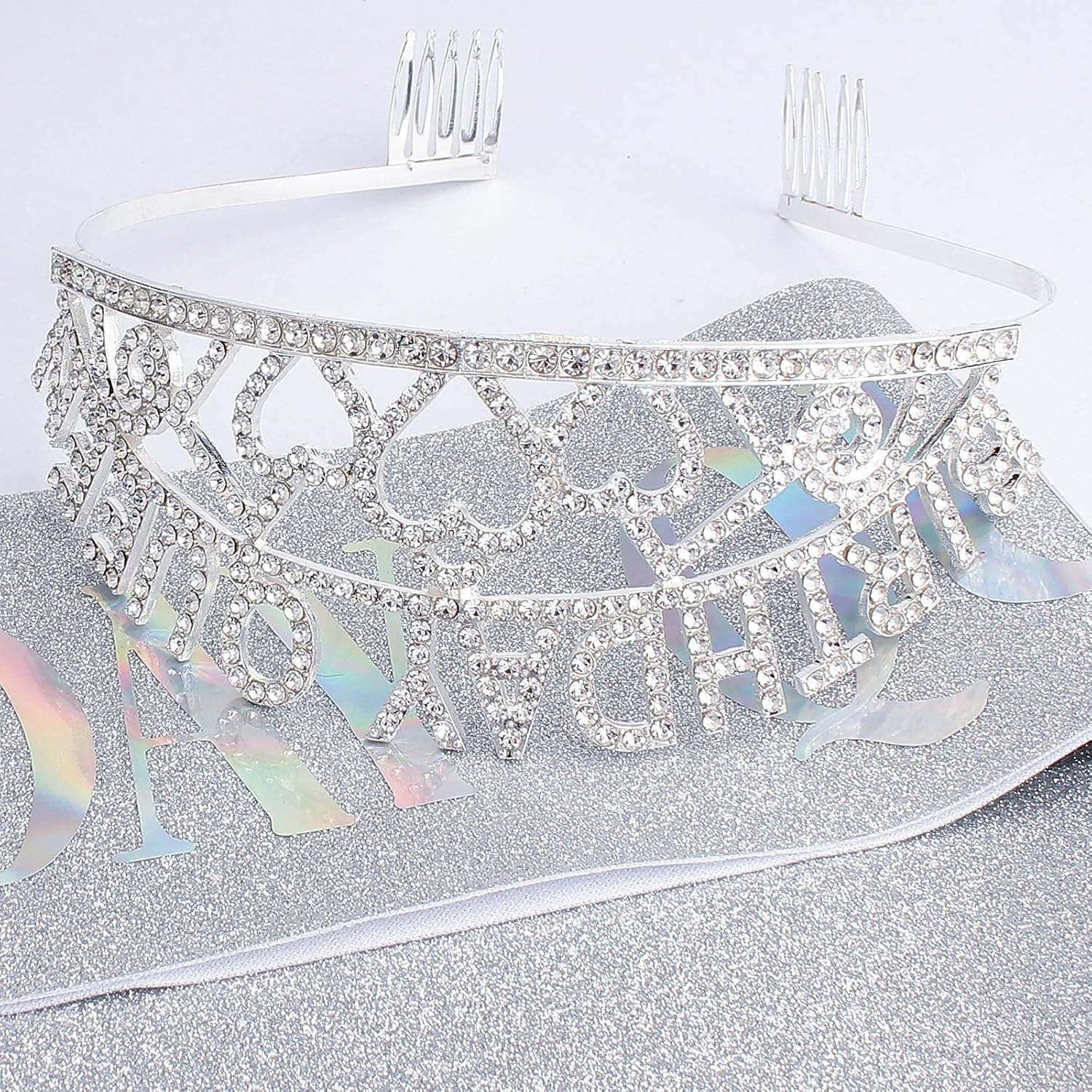 Silver Queen Crown and Sash - Rhinestone Tiara and Sash for Women's Birthday Party Favors - Glitter Decorations