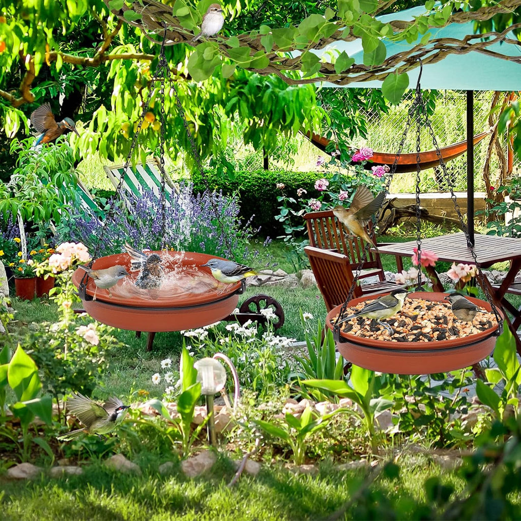 Hanging Bird Bath for Outside, 11" Metal Birdbath & Feeder Bowl, Brown