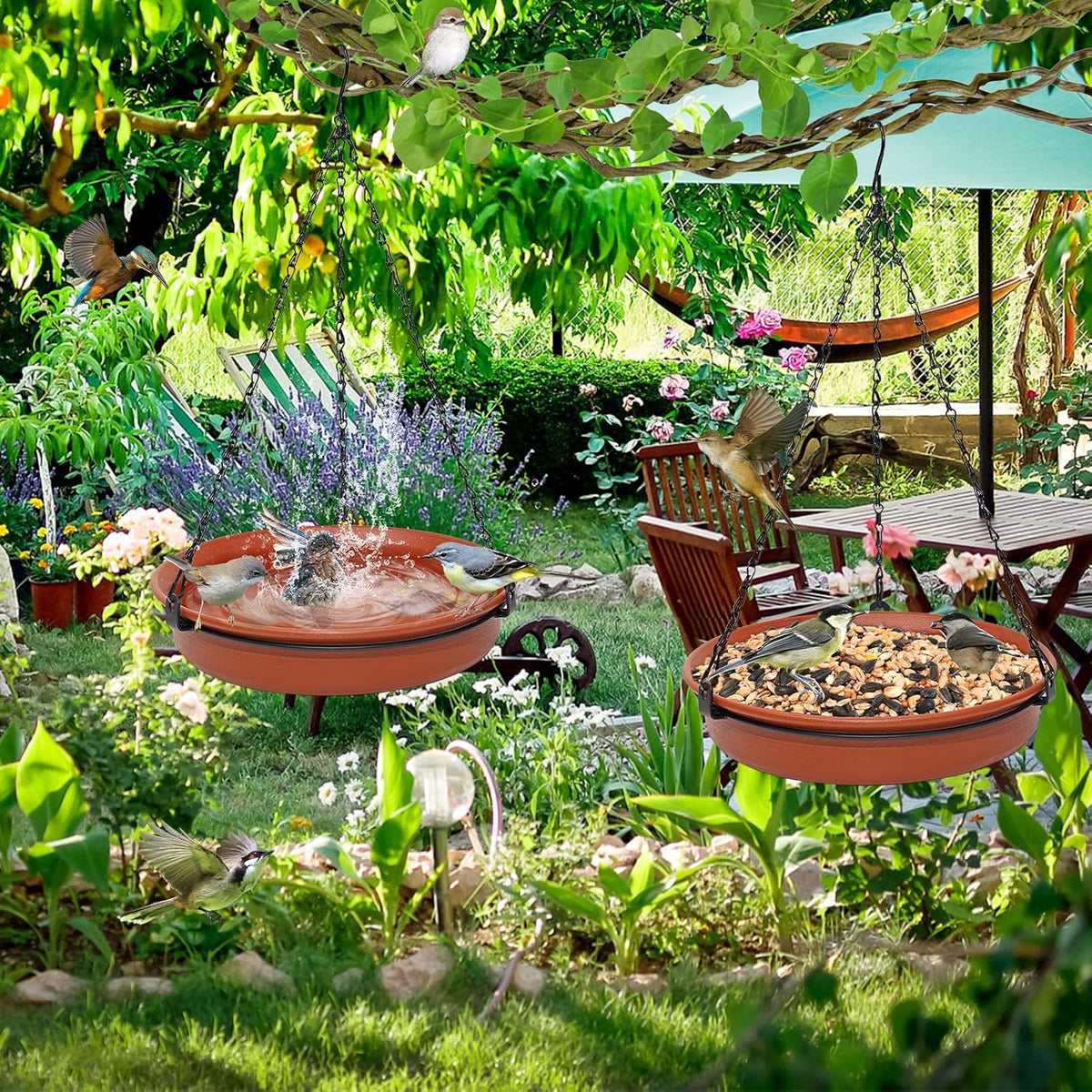 Hanging Bird Bath for Outside, 11" Metal Birdbath & Feeder Bowl, Brown