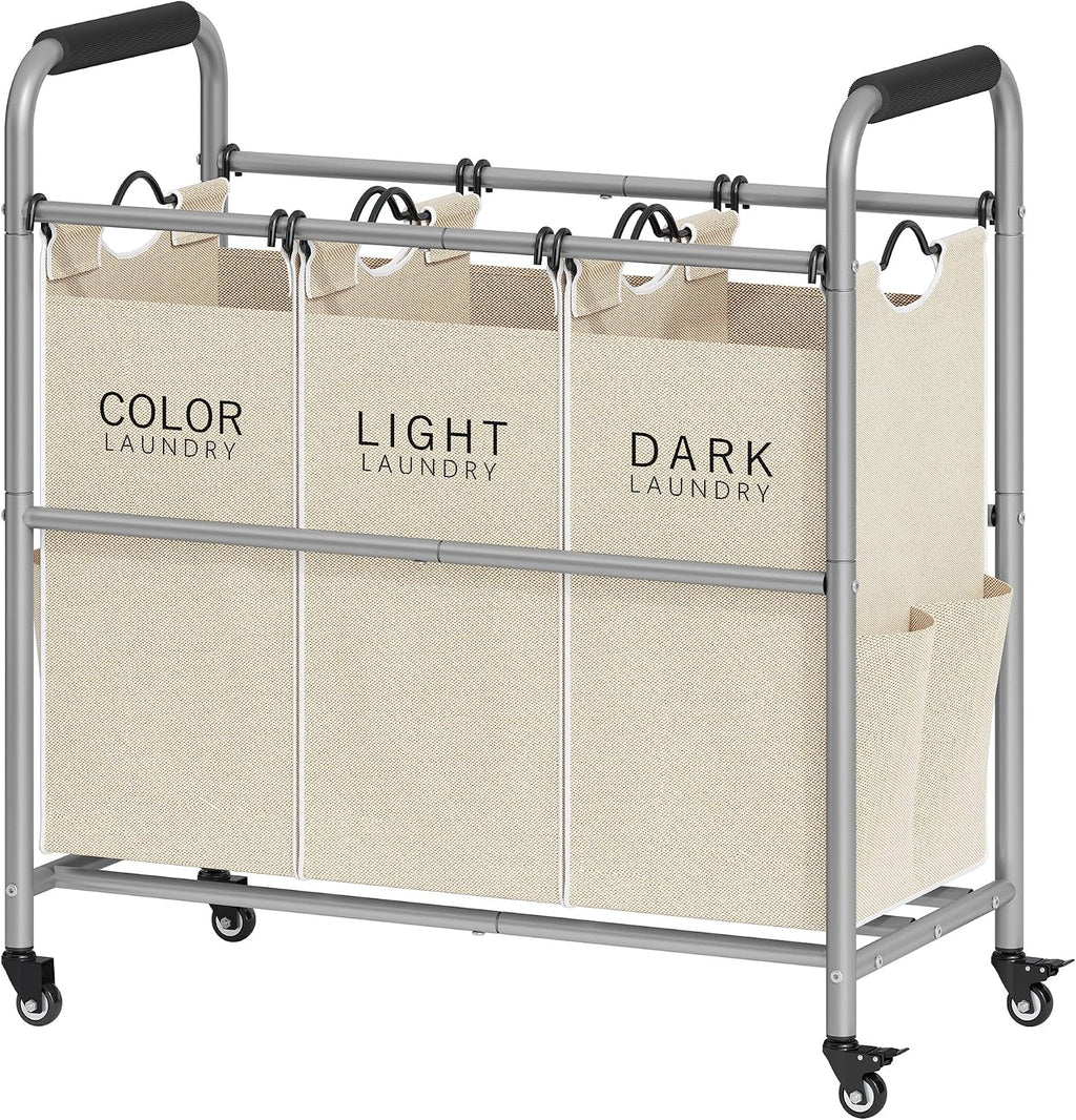 3 Bag Laundry Sorter Cart with Removable Bags, Beige | 147L Large Capacity, Heavy Duty Lockable Rolling Wheels
