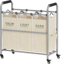 3 Bag Laundry Sorter Cart with Removable Bags, Beige | 147L Large Capacity, Heavy Duty Lockable Rolling Wheels
