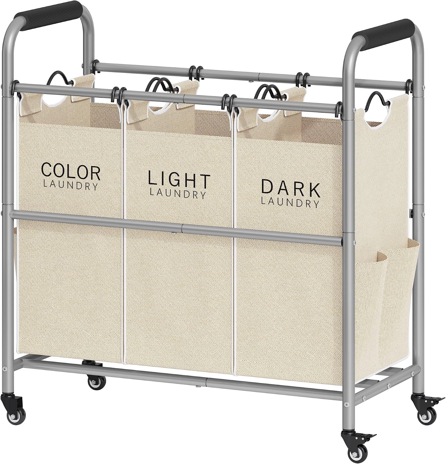 3 Bag Laundry Sorter Cart with Removable Bags, Beige | 147L Large Capacity, Heavy Duty Lockable Rolling Wheels