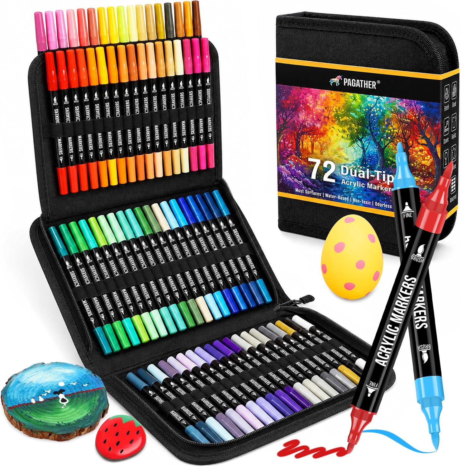 72 Colors Acrylic Paint Markers, Dual Tip with Fine Tip and Brush Tip Pens for Stone, Wood, Calligraphy, Canvas