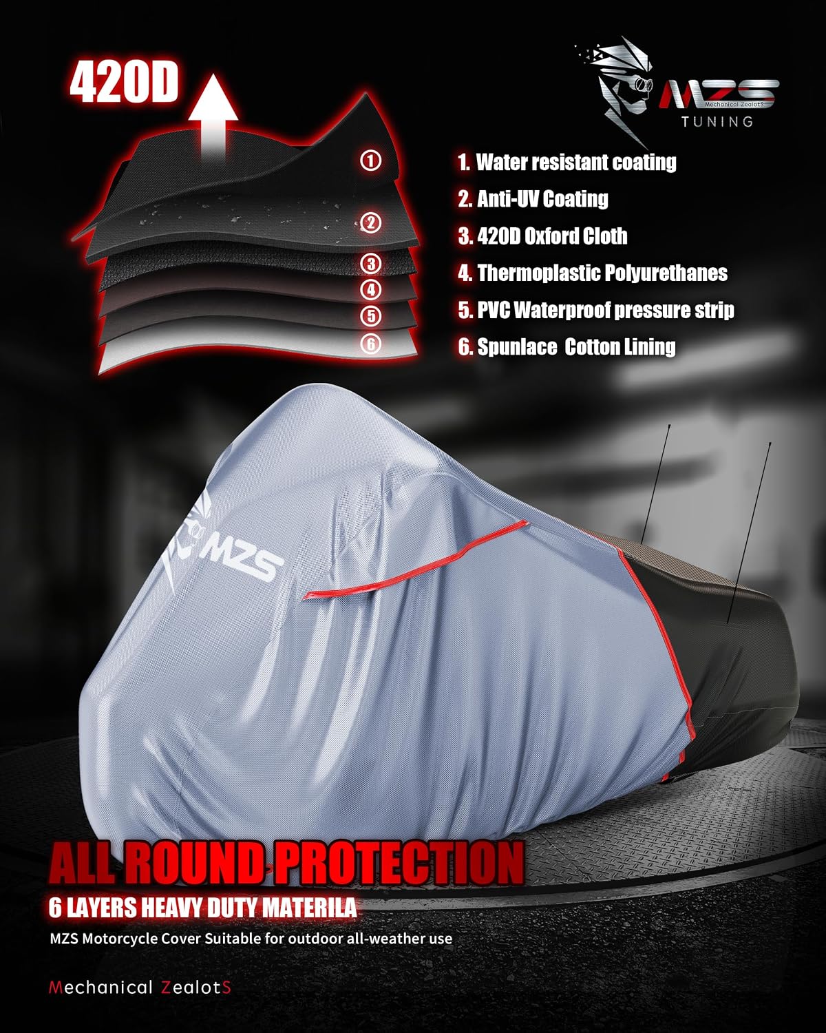 Motorcycle Cover Waterproof Outdoor, Heavy Duty All Season Weather Sun Protection with Storage Bag Vents Night
