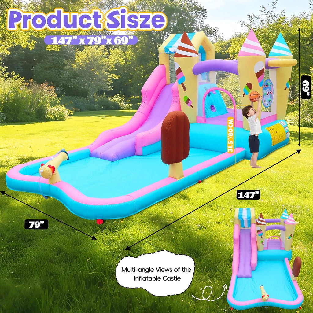 Inflatable Water Slide Bounce House, 8-in-1 Water Park with Water Cannon, Climbing Wall, Basketball Hoop & Splash