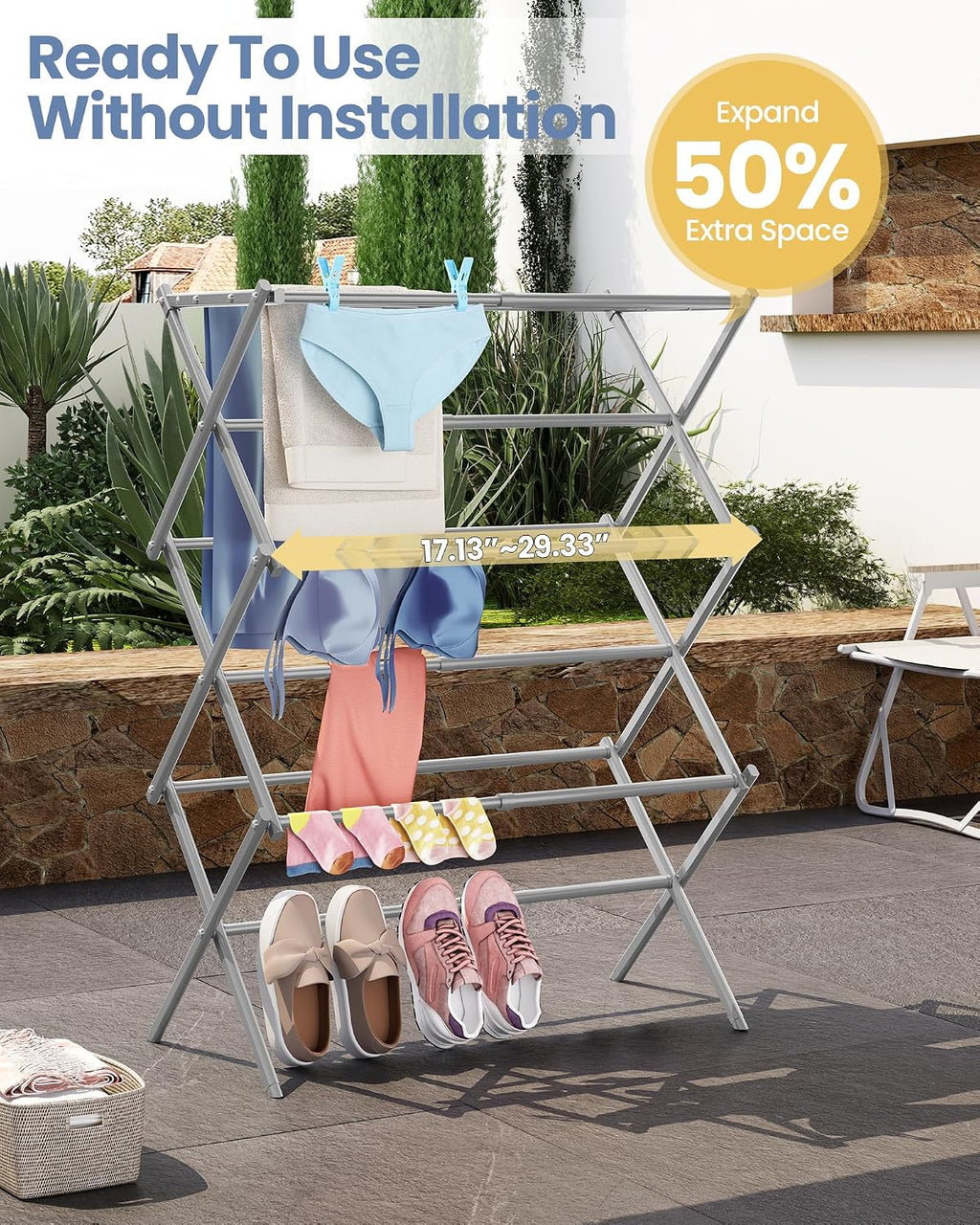 Oversize 3-Tier Clothes Drying Rack, No Install, Grey | Expandable Design, Non-slip feet, Tool-free Setup, Rust
