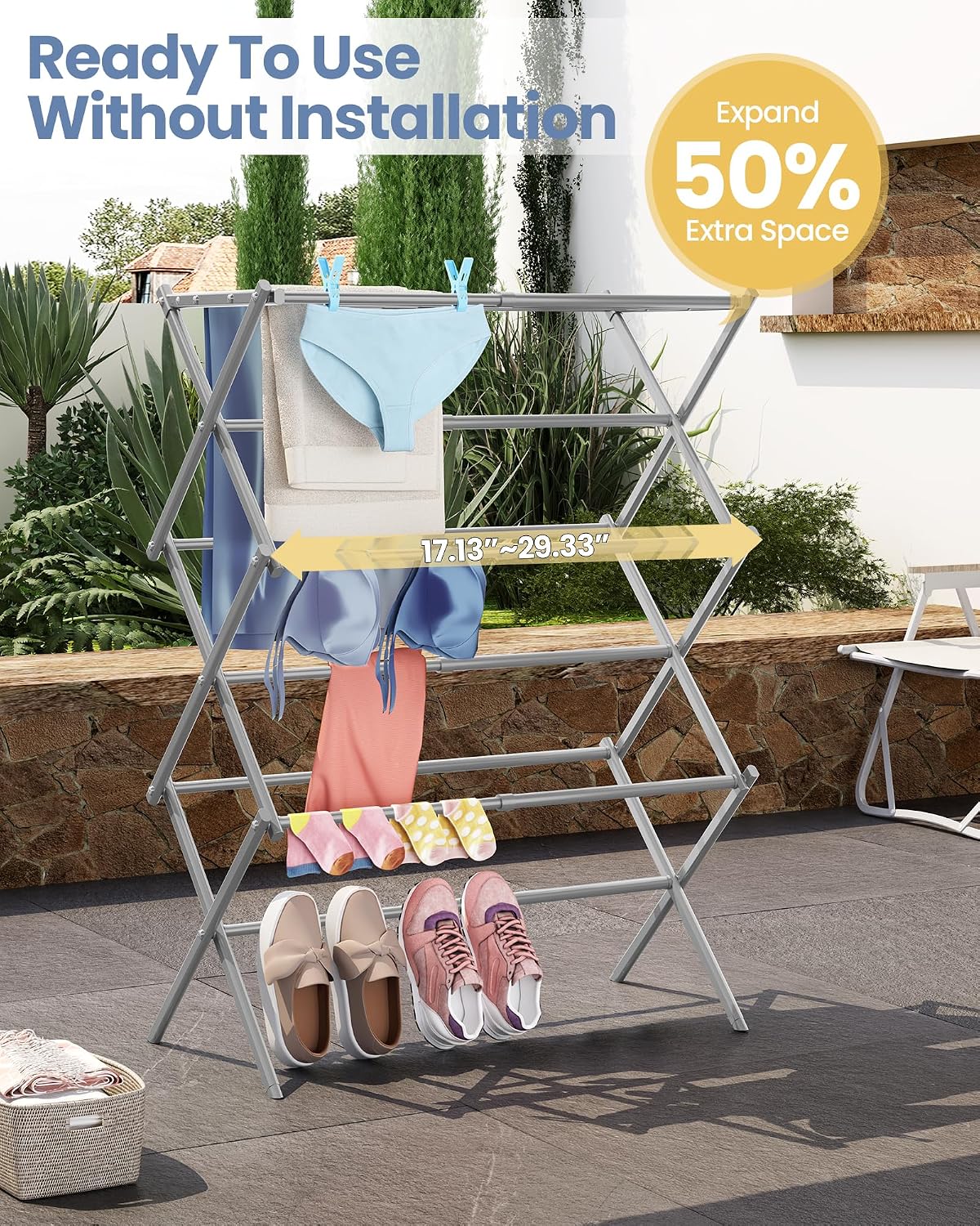 Oversize 3-Tier Clothes Drying Rack, No Install, Grey | Expandable Design, Non-slip feet, Tool-free Setup, Rust