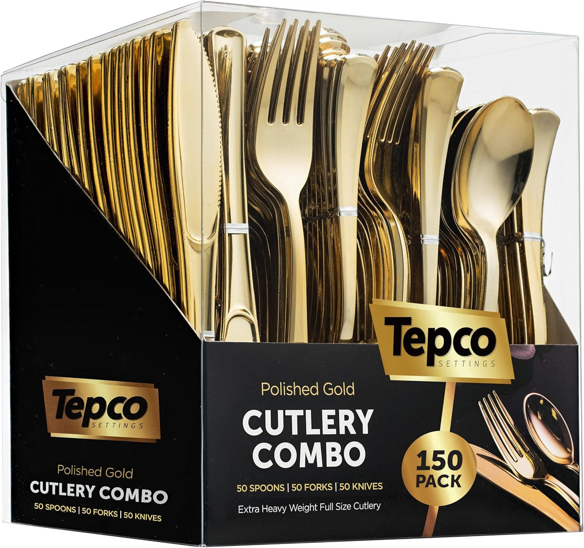 150 Gold Plastic Silverware Set - Disposable Flatware - 50 Forks, 50 Spoons, 50 Knives - Heavy Duty Cutlery for Party