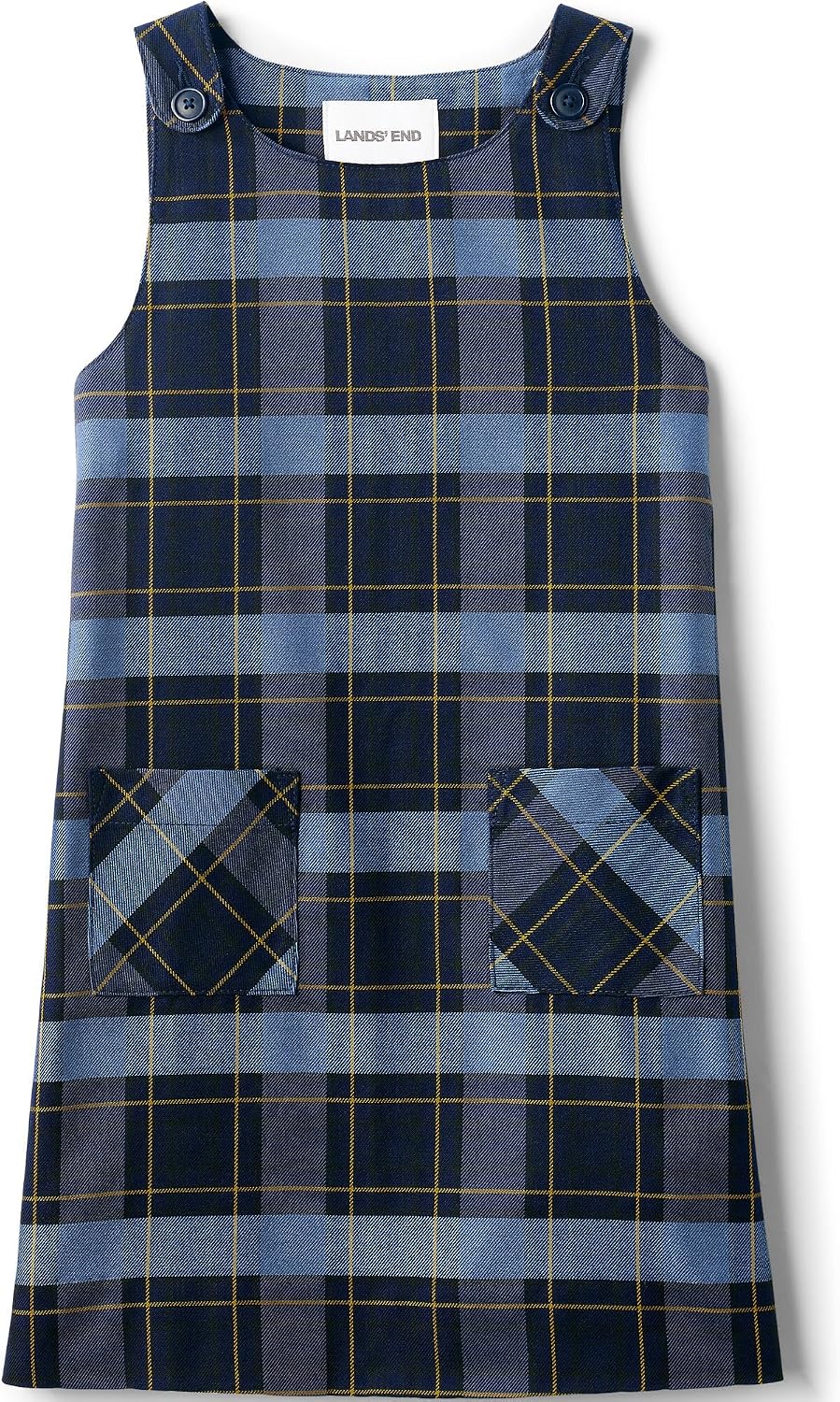 Girls Plaid Button Shoulder Patch Pocket Jumper 5 Classic Navy Plaid