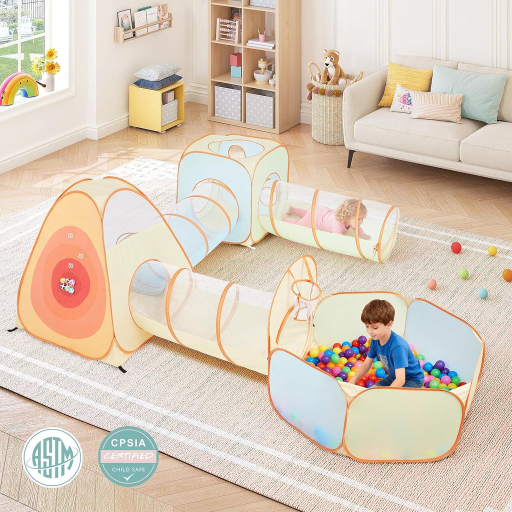 6-in-1 Pop Up Play Tent with Tunnel Built-in Target Toss & Ball Hole | Baby Ball Pit, Tunnel Toys for Toddlers 1-3