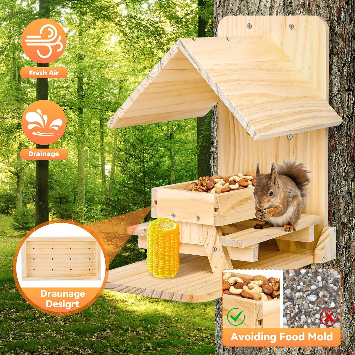 Squirrel Feeder for Outside - Wooden Picnic Table, Weatherproof Roof
