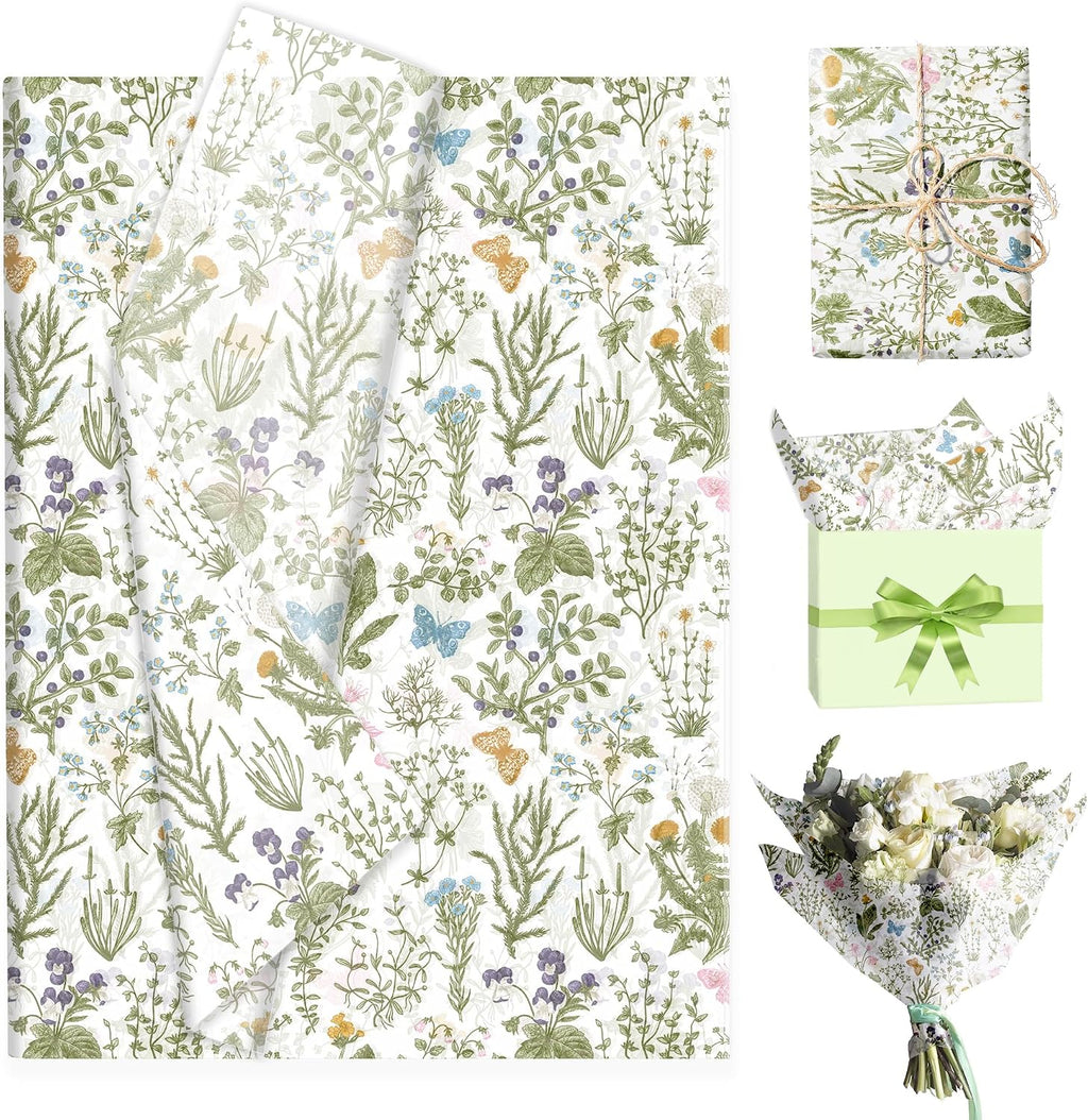 50 Sheets Vintage Wildflower Tissue Paper - 20x28 Inch Wild Floral Art Tissue Spring Wrapping Paper with Delicate