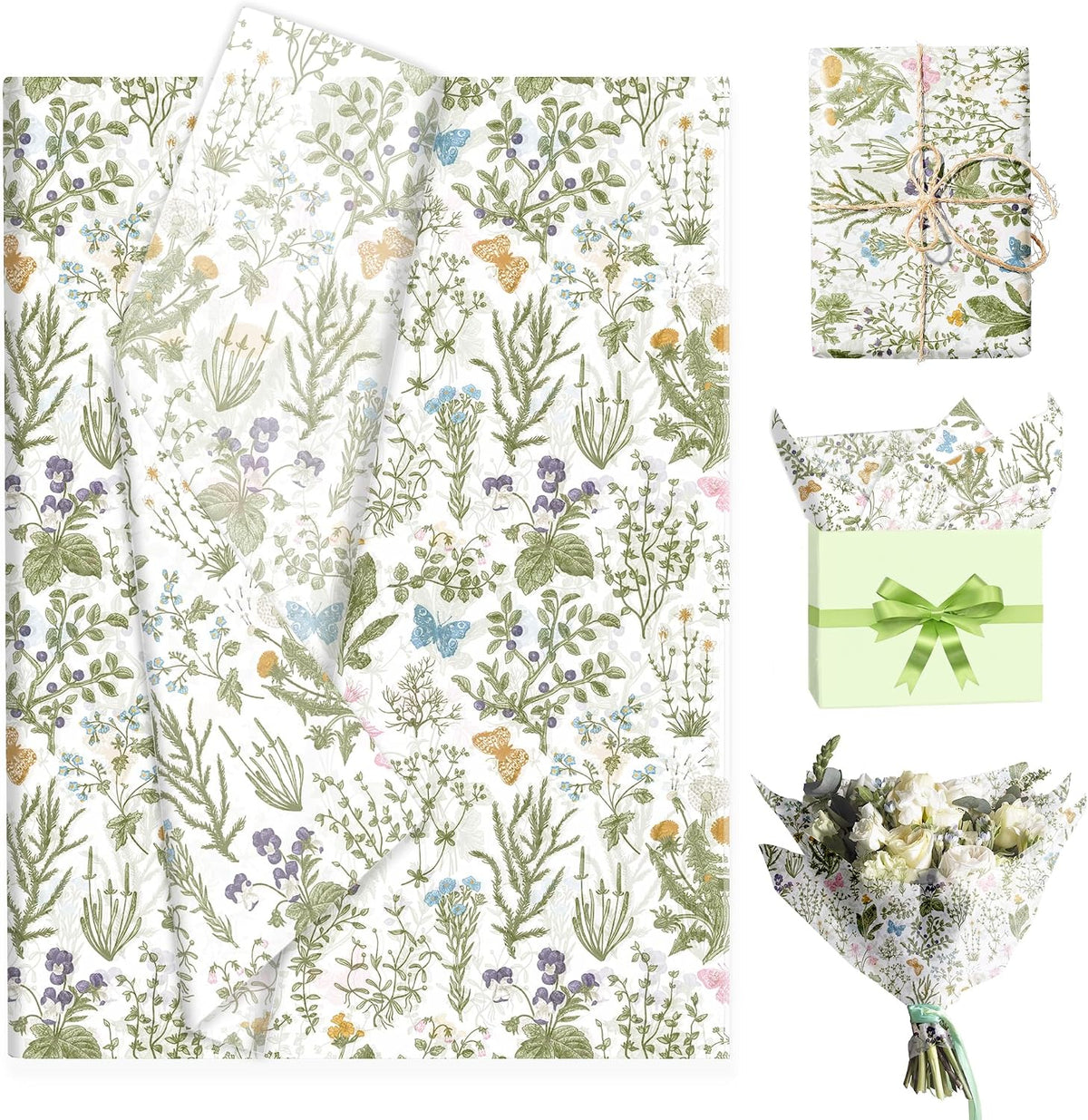 50 Sheets Vintage Wildflower Tissue Paper - 20x28 Inch Wild Floral Art Tissue Spring Wrapping Paper with Delicate