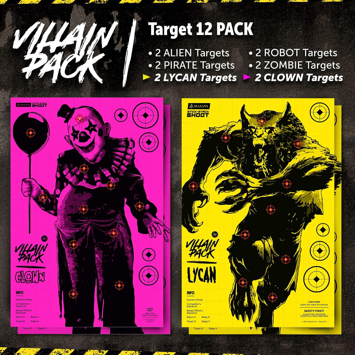 Villain Shooting Targets - 12 Pack Paper Targets - 2X Each Monster - Indoor/Outdoor, Backyard Range Fun for All BB