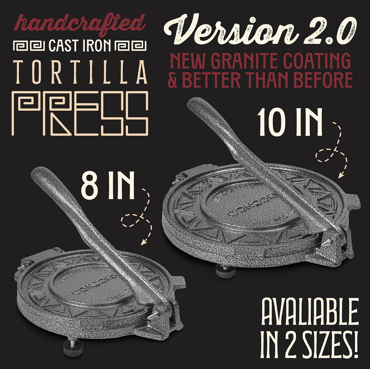 Cast Iron Heavy Duty Tortilla Press (Version 2.0). Commercial Grade Pataconera Presser. Perfect Maker for Flour or