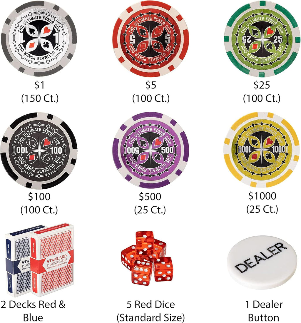 14 Gram 500 Count Poker Set - The Ultimate - 14G Clay Composite Chips with Aluminum Case, Playing Cards, Dealer