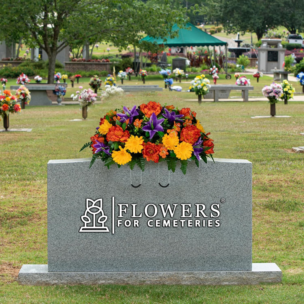 30" Headstone Flower Saddle Artificial Cemetery Flowers - Gravesite Flowers - Orange Peonies, Purple Lilies, and