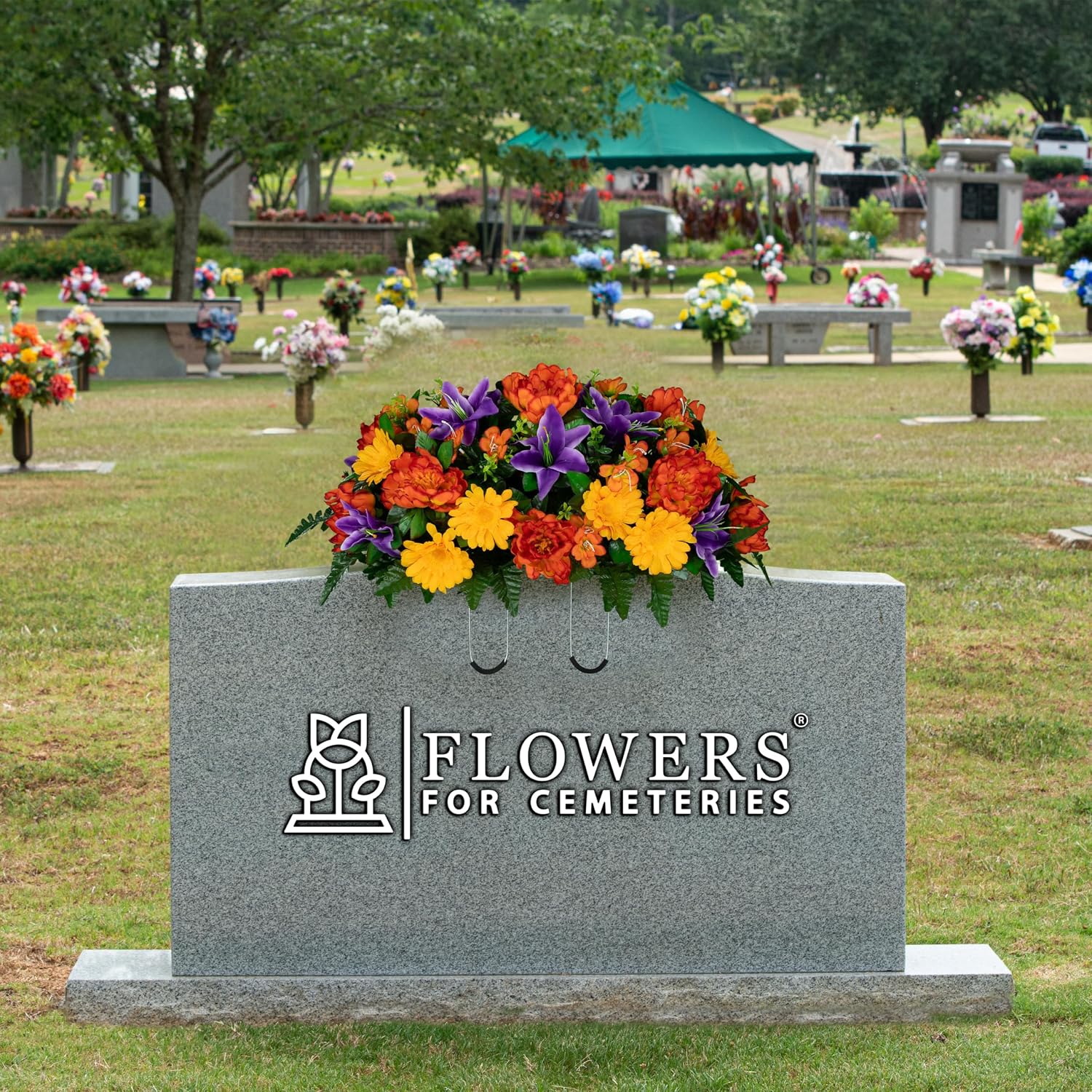 30" Headstone Flower Saddle Artificial Cemetery Flowers - Gravesite Flowers - Orange Peonies, Purple Lilies, and