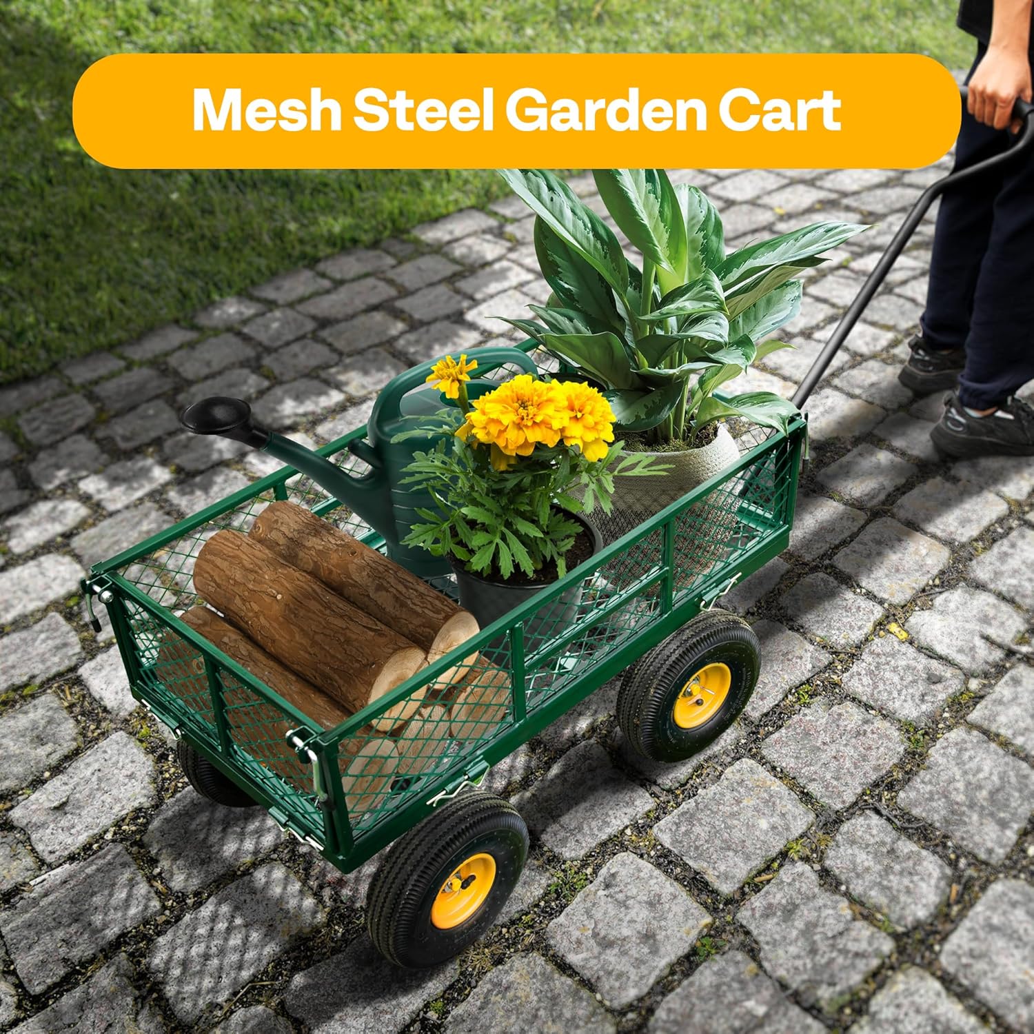 Heavy Duty 880 Lbs Capacity Mesh Steel Garden Cart Folding Utility Wagon with Removable Sides and 4.10/3.50-4" Wheels