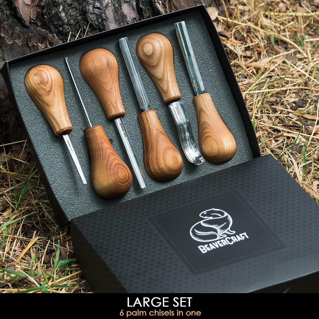 Wood Carving Gouges Kit SC05 - Wood Carving Chisels Set with Palm Gouge & Flat Straight Chisel, Rounded Short Bent