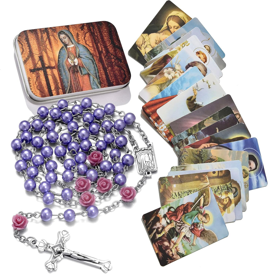 Rosary Beads Catholic Necklace Holy Soil Medal Cross Crucifix with Metal Box and 18pcs Prayer Cards