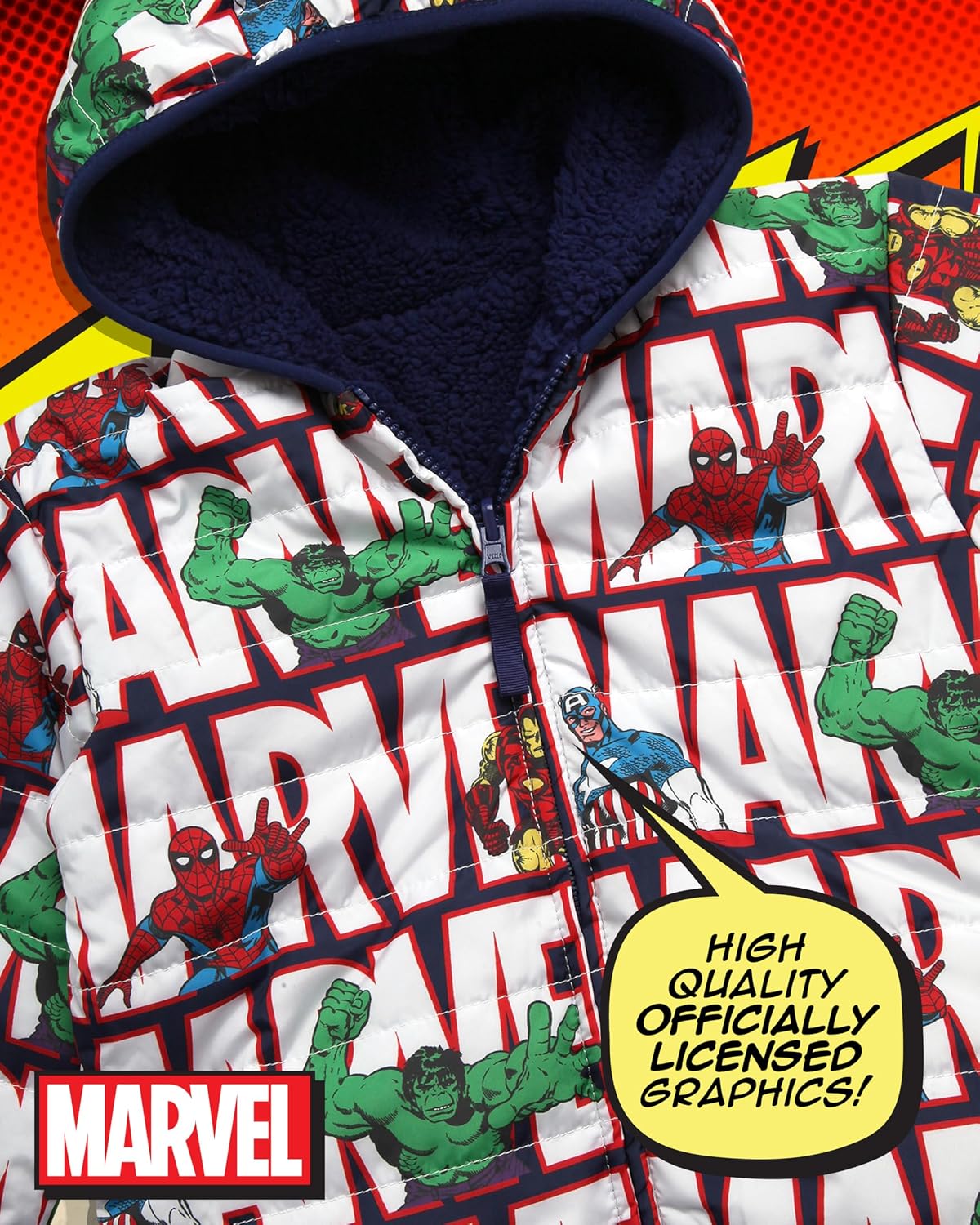 Spider-Man Boys Reversible Puffer Jacket Sherpa Fleece Lined Coat | Officially Licensed, Warm Cozy Two Sided Design