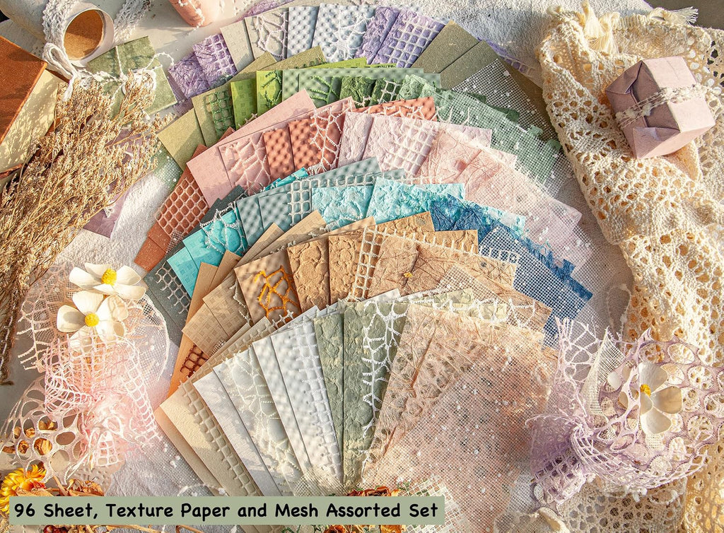 96 Sheets Textured Scrapbook Paper and Mesh Fabric Assorted Set - 6 Pack Mixed Special Paper for Scrapbooking Planner