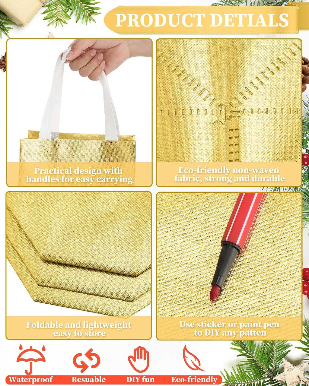 80 Pcs Reusable Gift Bags, Medium, Gold