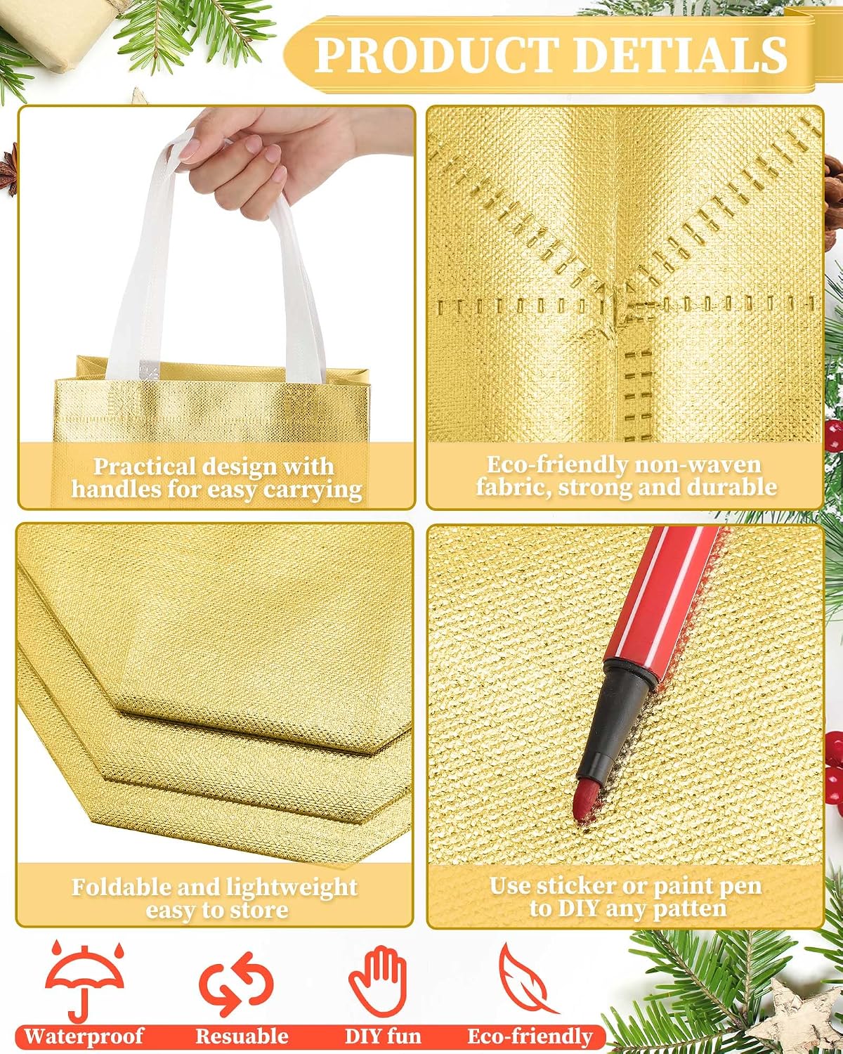 80 Pcs Reusable Gift Bags, Medium, Gold