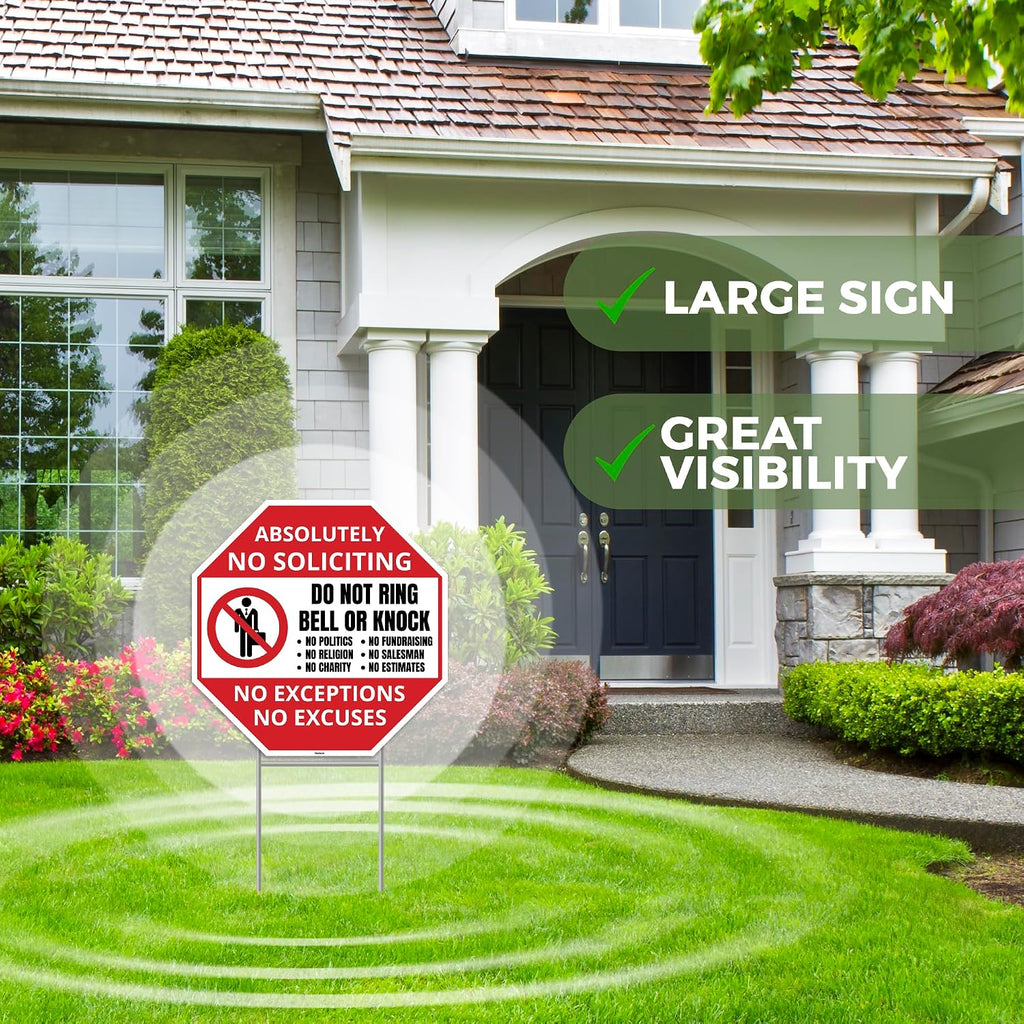 2PC No Soliciting Sign with Stake, 12 Inches by 12 Inches - Corrugated Plastic - No Soliciting No Religious No