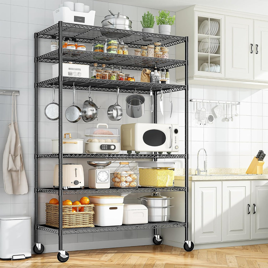 6-Tier Rolling Storage Shelves, 82" H x 45" W x 18" D Adjustable Wire Shelving Unit with Locking Wheels, Heavy-Duty