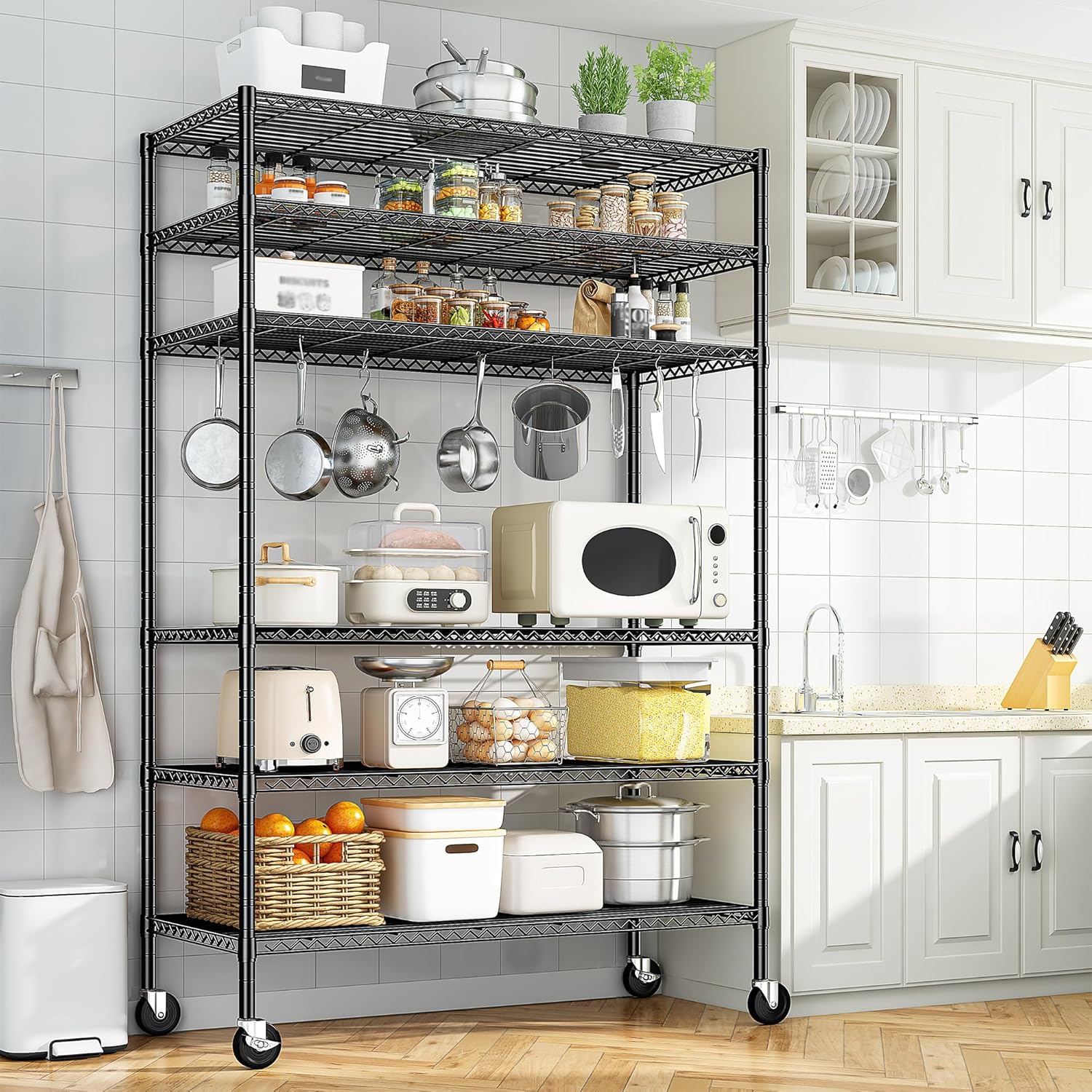 6-Tier Rolling Storage Shelves, 82" H x 45" W x 18" D Adjustable Wire Shelving Unit with Locking Wheels, Heavy-Duty