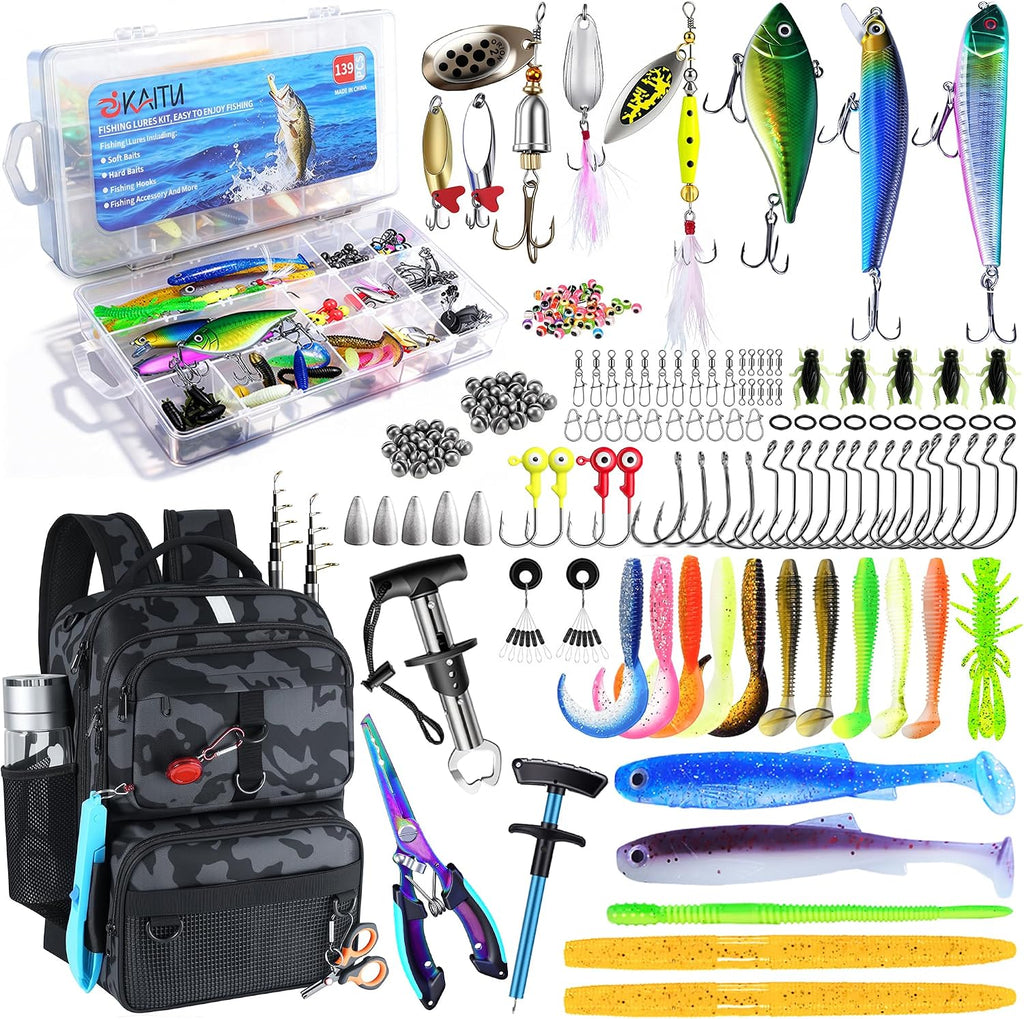Fishing Backpack with Tackle Boxes and Rod Holder, 24L Fishing Sling Bag with Fishing Lures Kit, Fishing Gear Bag