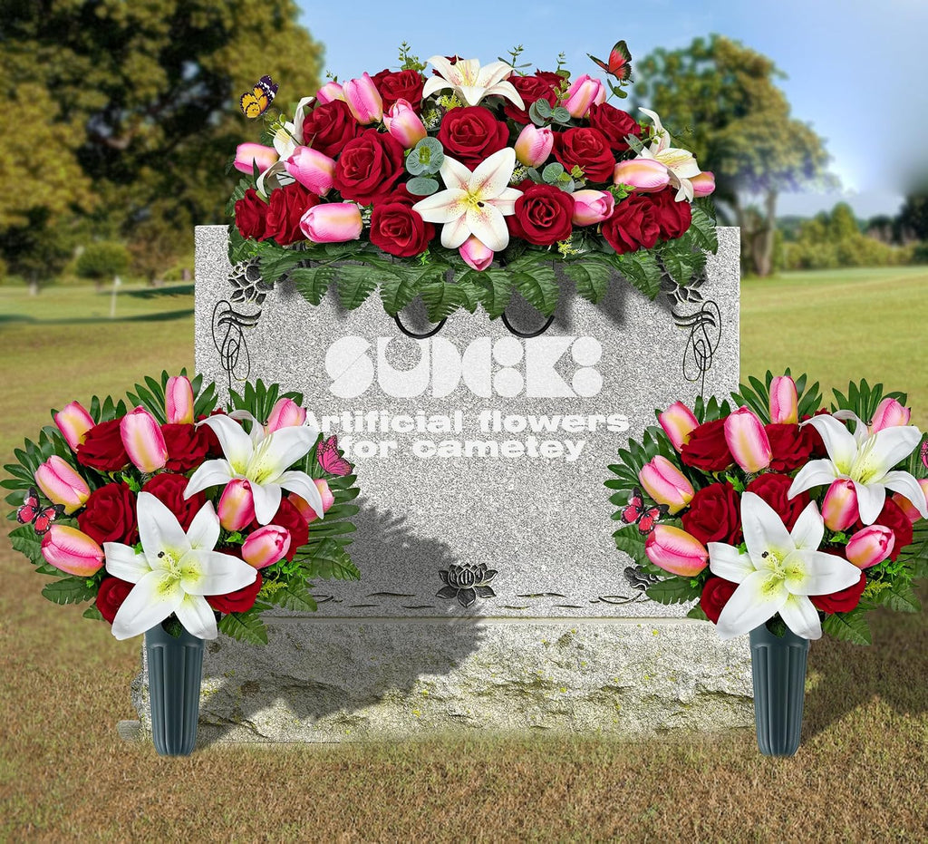 Artificial Cemetery Flowers – Realistic Silk Flower Outdoor Grave Decorations,Headstone Flower Saddle, Non-Bleed