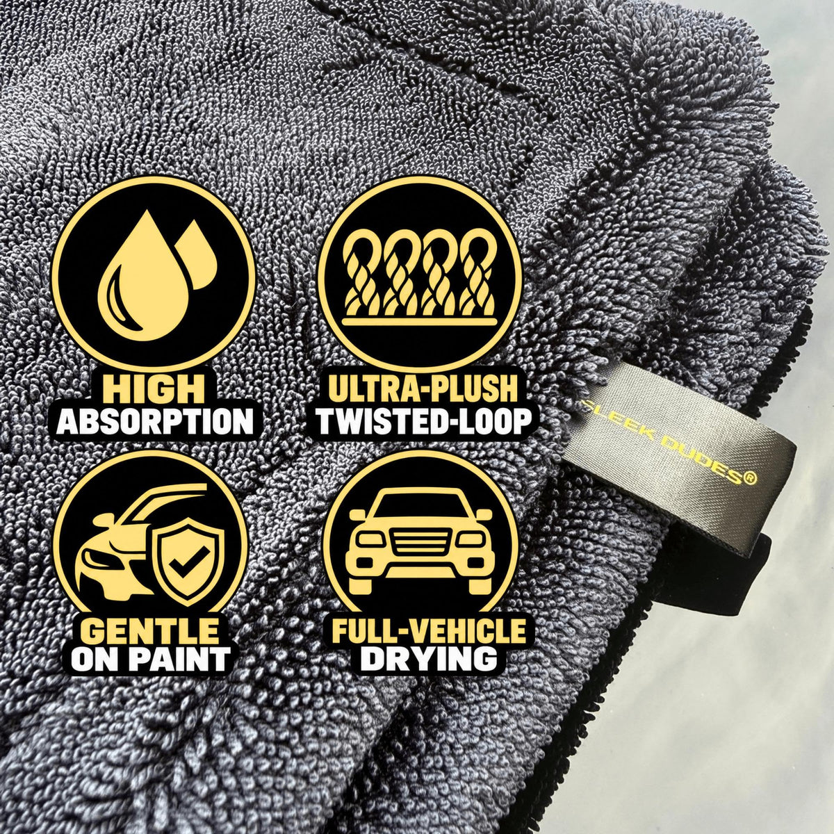Sleek Max Dry 2K - 2000GSM Microfiber Car Drying Towel, 20x31in, Black
