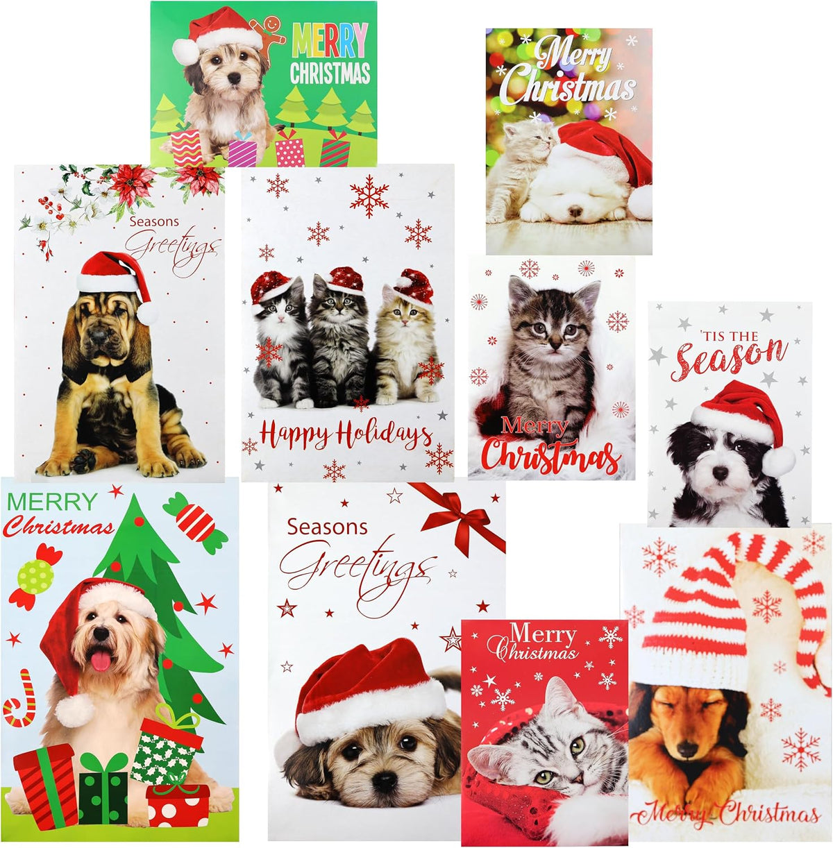 10-Pack Printed Christmas Gift Boxes, 3-Sizes, Santa Paws Animals Pets Cats Dogs Design