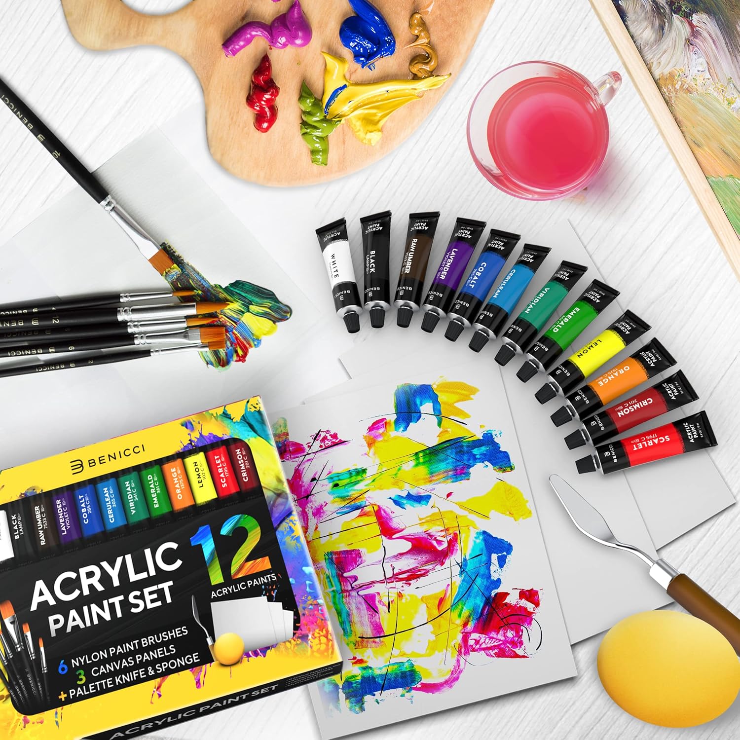 Complete Acrylic Paint Set – 12х Rich Pigment Colors & 6x Art Brushes - Includes 3 Paint Canvases, Palette Knife &